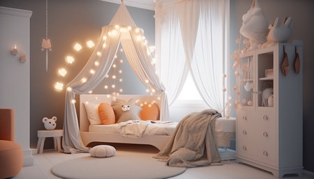 3D rendering of a childrens room with a bed and a tentの素材