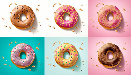 Set of realistic donuts with glaze and sprinkles. Vector illustrationの素材