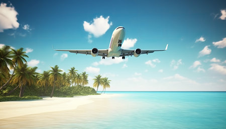 Airplane flying over tropical island with palm trees. 3d renderの素材