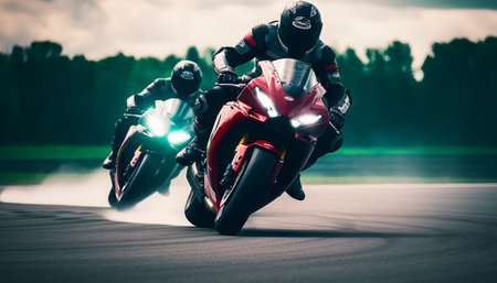 Motorcycle rider on sport bike rides on race track. Extreme sport.の素材