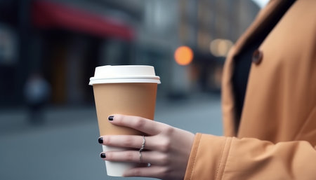 Female hand holding a paper cup of coffee on the background of the cityの素材