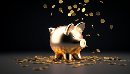 Golden piggy bank with falling coins, 3d rendering. Computer digital drawing.の素材