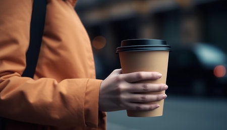 Close up of female hands holding paper cup of coffee on urban backgroundの素材