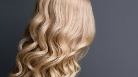 Curly blonde hair on a dark background. Close-up.の素材