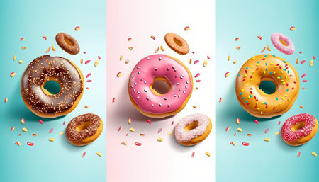 Set of realistic donuts with glaze, sprinkles and sprinkles. Vector illustrationの素材