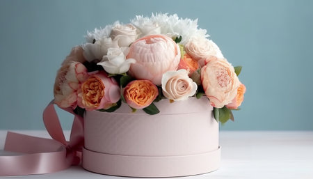 Beautiful bouquet of flowers in a gift box on a blue backgroundの素材
