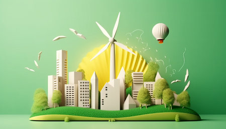 Eco city concept with wind turbines and buildings. 3D renderingの素材