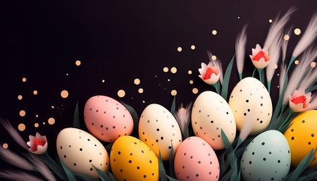 Easter eggs with tulips on black background. 3d illustrationの素材