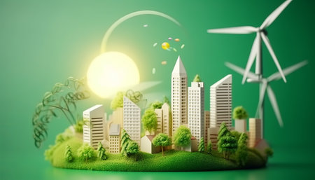 Eco city concept. 3d illustration of eco city with wind turbinesの素材