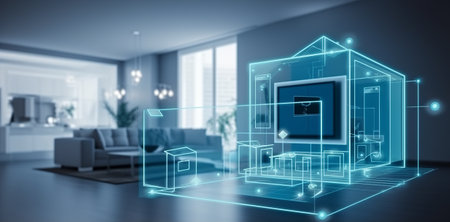 House with hologram on the wall against living room 3D renderingの素材
