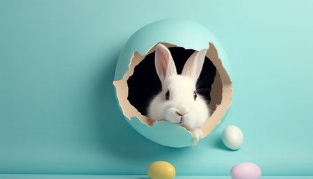 Easter bunny and eggs in a paper hole on a blue backgroundの素材