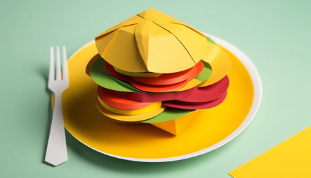 Colorful origami paper on plate with fork. 3d renderingの素材