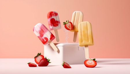 Strawberry ice cream on a stick with fresh strawberries. 3d renderingの素材
