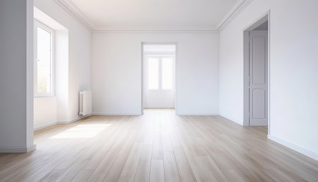 Empty room with white walls and wooden floor. 3d rendering.の素材