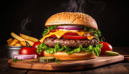 Cheese burger - American cheese burger with Golden French fries and fresh vegetablesの素材