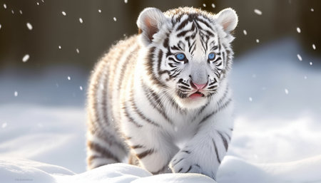 White tiger in snow. Wildlife scene from wild nature. Beautiful, dynamic and powerful white tiger.の素材