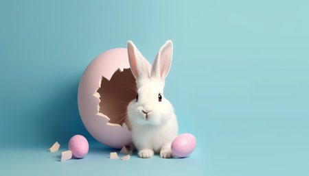 3d rendering of a white easter bunny with an egg on a blue backgroundの素材