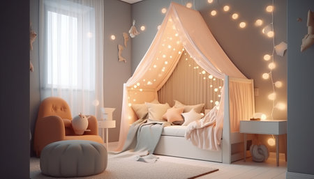 3d render of a childrens room with a teepee tentの素材