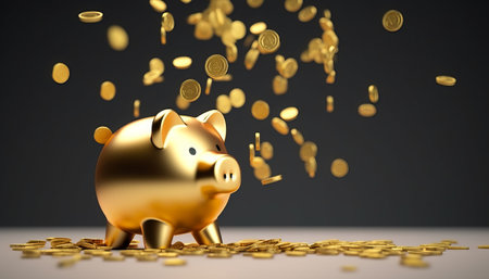 Golden piggy bank with falling coins. 3D Rendering.の素材