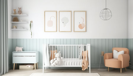 Interior of baby room with crib, armchair and posters - 3d renderingの素材