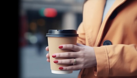 Female hand holding a paper cup of coffee on the street. Close upの素材