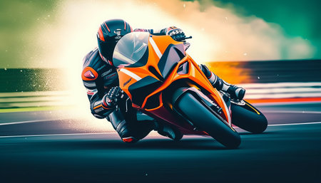 Motorcycle rider riding on fast road. Extreme sport concept. 3D Renderingの素材