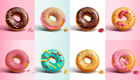 Set of realistic donuts with glaze and sprinkles, vector illustrationの素材