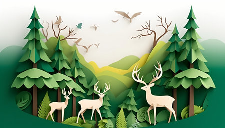Paper art style of deer and forest landscape background. Vector illustration.の素材