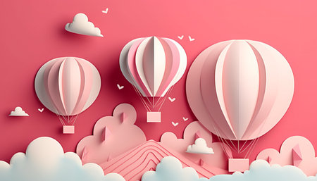 Hot air balloons flying in the sky. Paper art style. 3d renderingの素材