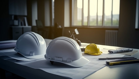 Standard construction safety equipment on table in office. 3d rendering.の素材
