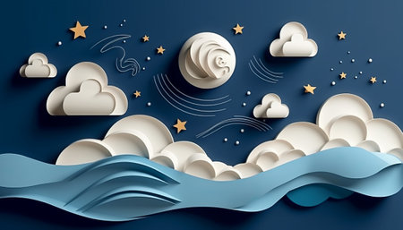 Paper art style of clouds and starry sky. Vector illustration.の素材