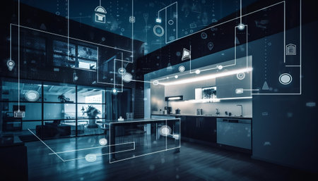 Interior of modern kitchen with white walls, wooden floor, gray countertops and computer monitors. 3d rendering toned image double exposureの素材