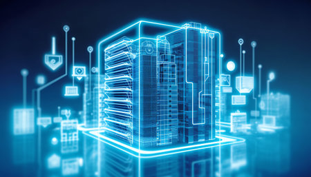 Abstract server room hologram on blue background. 3D Renderingの素材