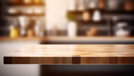 Empty wooden table in front of blurred kitchen background. For product displayの素材