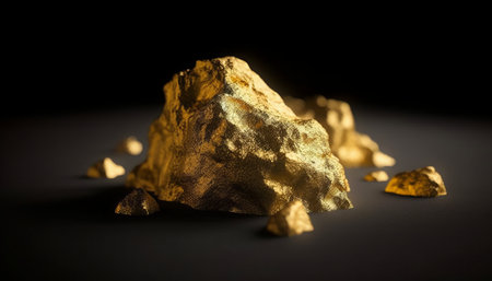 Gold nugget on black background, precious stone or lump of golden stone.の素材