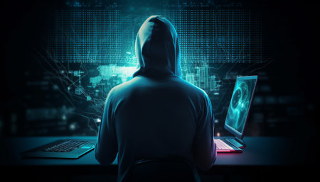 Hacker in hoodie stealing data from laptop. 3D renderingの素材