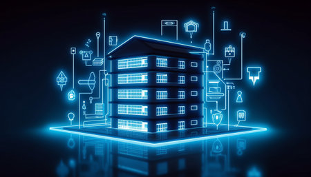 Glowing real estate icon on dark background. 3D Renderingの素材