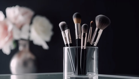 Makeup brushes in a glass vase on a black background.の素材