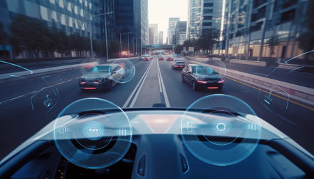 Futuristic interface against high angle view of cars driving on highwayの素材