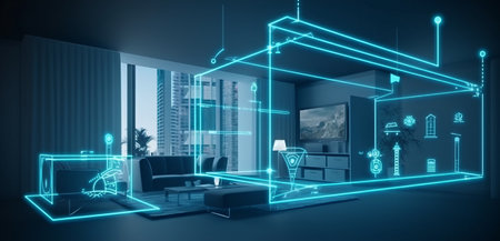 Interior of modern living room with blue neon drawing. 3D Renderingの素材