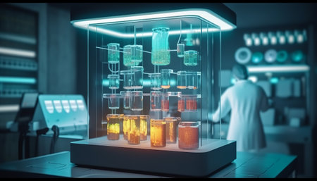 Laboratory glassware with test tubes on table. 3d renderingの素材