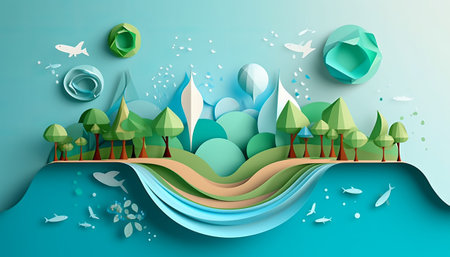 Paper art style nature landscape background with paper cut and craft style.の素材