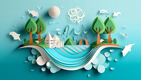 Paper art style of nature landscape background. Paper art and craft style.の素材