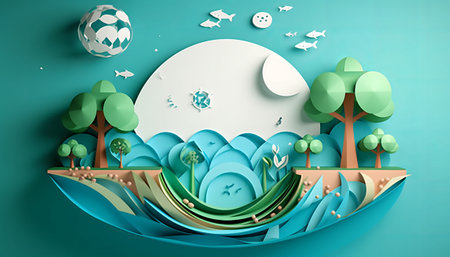 Paper art style of nature landscape background, paper art and digital craft style.の素材