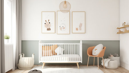 Interior of baby room with cot, armchair and posters. 3d renderの素材