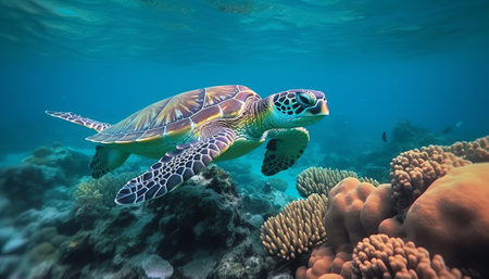 Green sea turtle on coral reef. Green sea turtle in the ocean.の素材