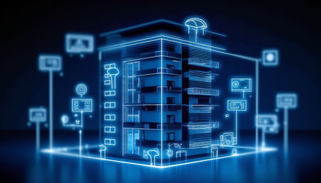 3d rendering server room in dark background with circuit board and blue lightsの素材