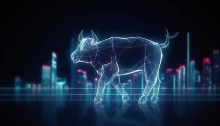 Digital bull hologram on dark background. 3d rendering toned image double exposureの素材