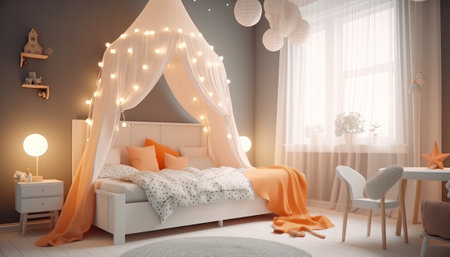 3d rendering of a child's room with a canopy and garlandの素材