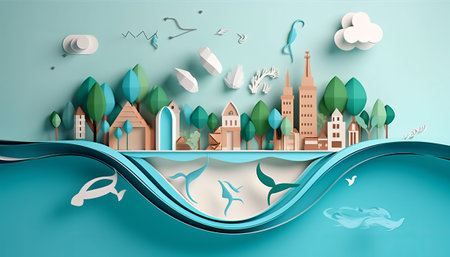 Paper art travel concept. Vector illustration. Paper art and craft style.の素材